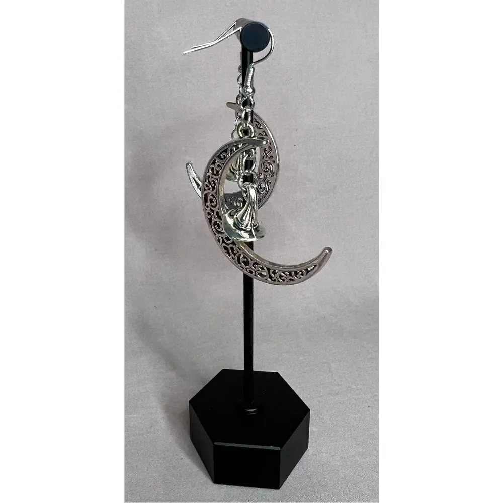 Handmade Silver Dangly Crescent Moon Earrings With Witches Hat